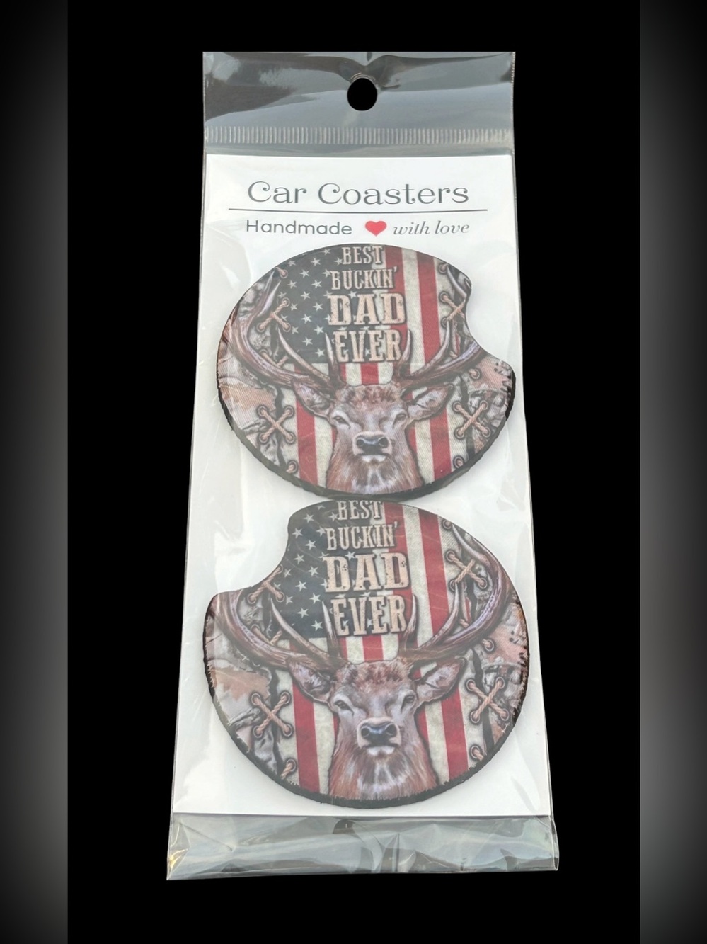 Handmade 'Best Buckin' Dad Ever' Deer Car Coasters - Red & Brown